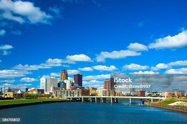 Des Moines Skyline With Puffy Clouds And River Stock Photo - Download Image Now - Des Moines - Iowa, Iowa, Urban Skyline