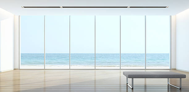 sala de estar con vistas al mar en la casa moderna - art museum museum architecture bench fotografías e imágenes de stock