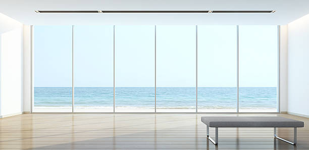 sea view living room in modern house - art museum museum architecture bench imagens e fotografias de stock