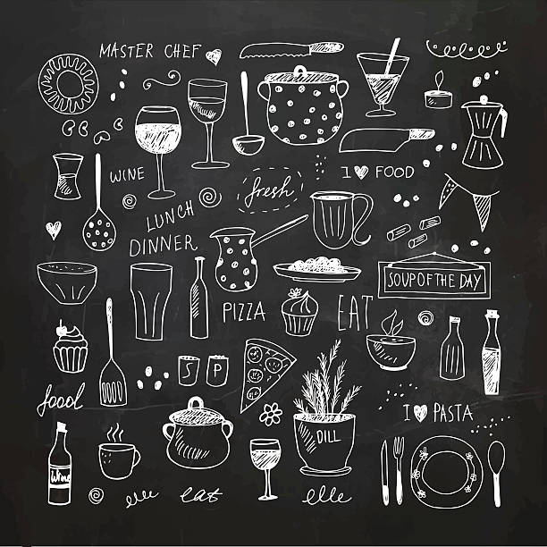 illustrazioni stock, clip art, cartoni animati e icone di tendenza di set di doodle per utensili da cucina. illustrazione vettoriale disegnata a mano - drawing symbol chalk blackboard