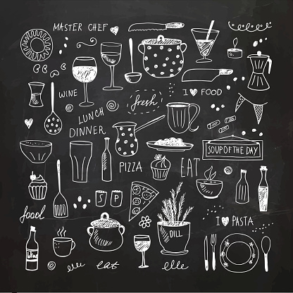 Kitchen tools and equipment. Hand drawn vector Illustration. EPS10, Ai10, PDF, High-Res JPEG included. Chalk drawing