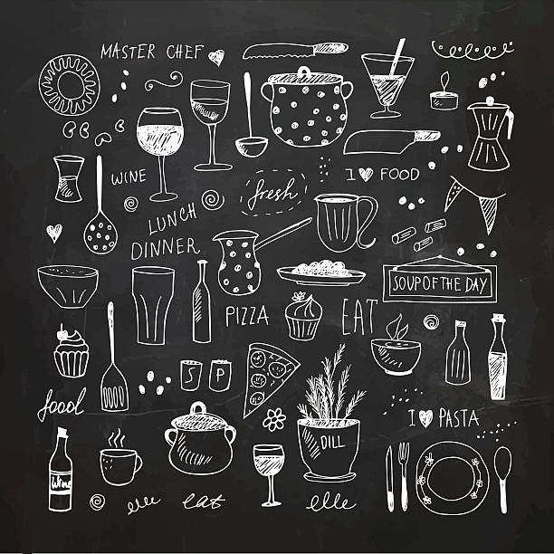 Kitchen tools doodle set. Hand drawn vector Illustration Kitchen tools and equipment. Hand drawn vector Illustration. EPS10, Ai10, PDF, High-Res JPEG included. Chalk drawing coffee drink illustrations stock illustrations