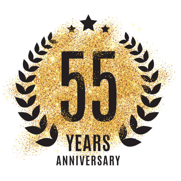 Fifty-five years golden anniversary Fifty-five years golden 55 anniversary sign. Gold glitter celebration. Light bright symbol for event, invitation, award, ceremony, greeting. Laurel and star emblem, luxury elegant icon. number 58 stock illustrations