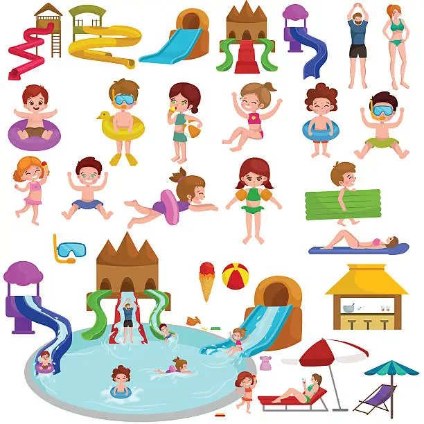 Vector illustration of Water aquapark playground with slides and splash pads for family