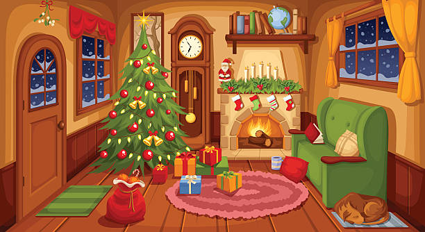 ilustrações de stock, clip art, desenhos animados e ícones de christmas room interior. vector illustration. - fire place