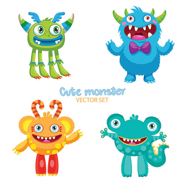 illustrazioni stock, clip art, cartoni animati e icone di tendenza di tema per t-shirt per bambini. carino set vettoriale mostri. - monster set pattern green