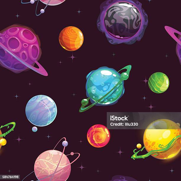 Seamless Pattern With Fantasy Cartoon Planets Stock Illustration - Download Image Now - Planet - Space, Ring - Jewelry, Outer Space