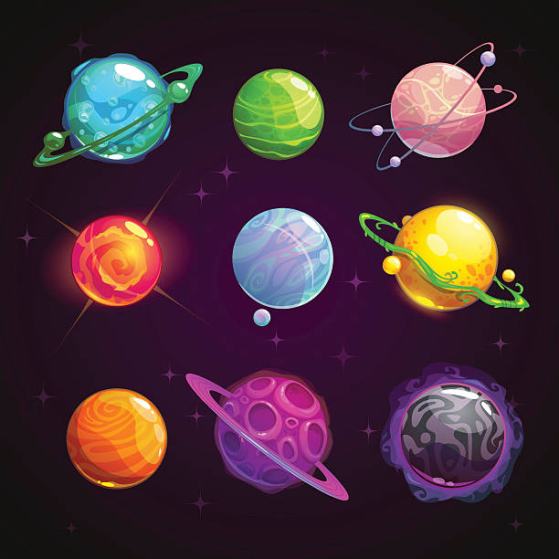 Colorful cartoon fantasy planets set Colorful cartoon fantasy planets set on space background, vector illustration space invaders game stock illustrations