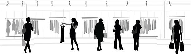 Clothes Shopping Mall A vector silhouette illustration of women looking at clothes in a clothing store. One woman holds a dress out in front of her. Two women have a discussion. Other women walkg to and fron the racks carrying shopping bags. silhouette clothing store stock illustrations