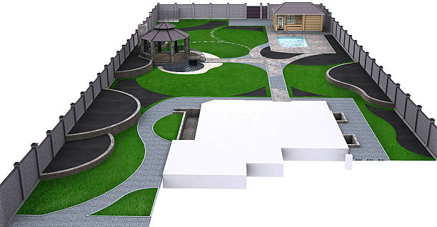 istock Suburb landscaping aerial perspective, 3d rendering 584767094