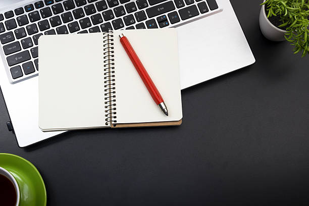 istock Office desk table with supplies. Top view. Copy space for 584767828