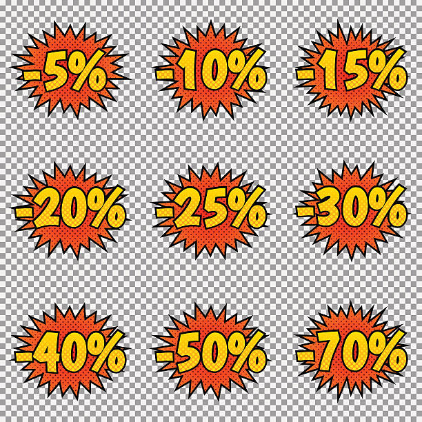 Pop art discount labels Set of nine discount labels. Pop art, comic books style. Vector, isolated, eps 10 40 off stock illustrations