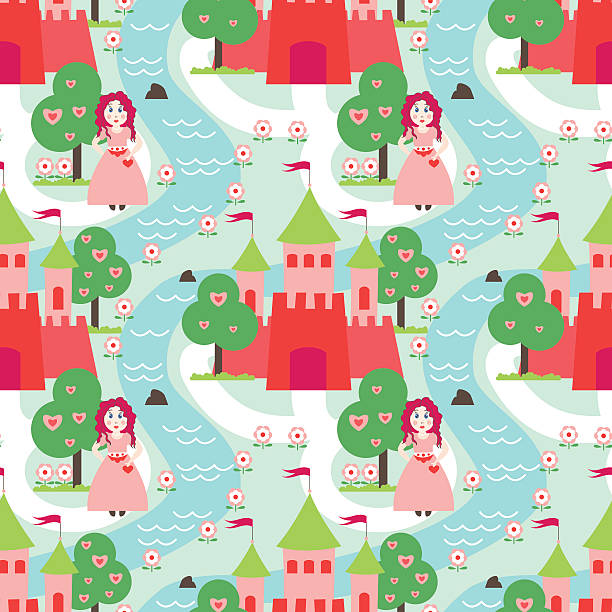 Princess and castle vector pattern Seamless vector pattern with princess and castle for little girls. tree repetition single flower flower stock illustrations