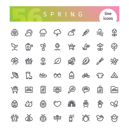 Set of 56 spring line icons suitable for gui, web, infographics and apps. Isolated on white background. Clipping paths included.