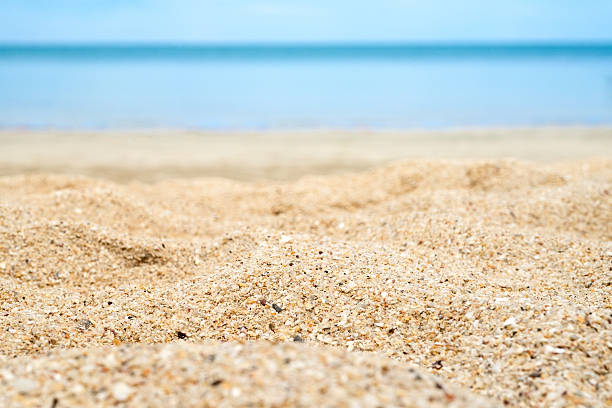 Close up beach sand with blur sea at background.