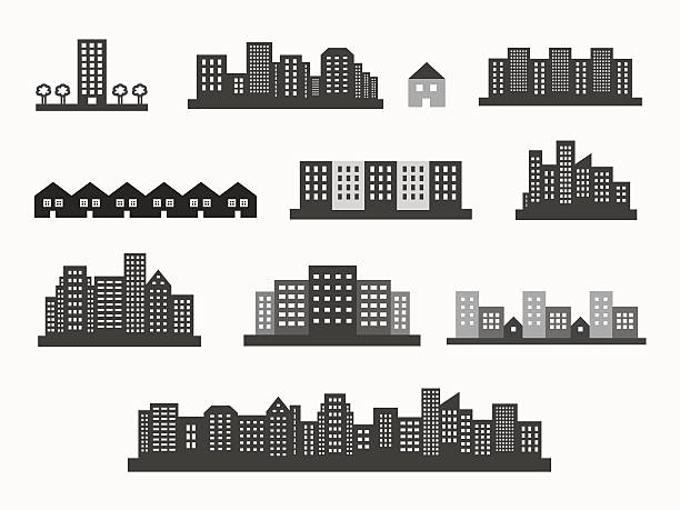 アーキテクチャアイコンシルエットセット - skyline silhouette cityscape residential district点のイラスト素材／クリップアート素材／マンガ素材／アイコン素材