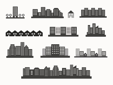 Architecture icons silhouettes set, skylines and houses vector design