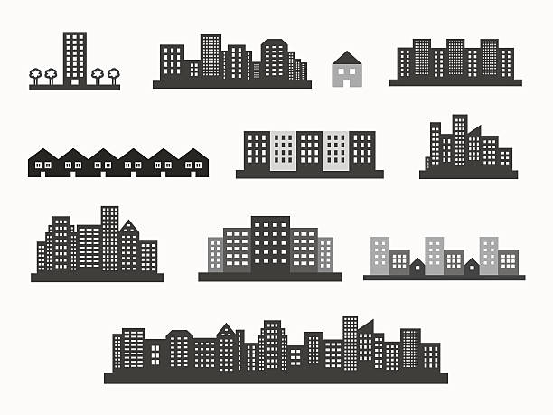 Architecture icons silhouettes set Architecture icons silhouettes set, skylines and houses vector design cityscape icons stock illustrations