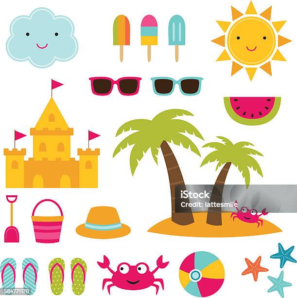 Summer Beach Vector Set Stock Illustration - Download Image Now - Beach, Clip Art, Cartoon