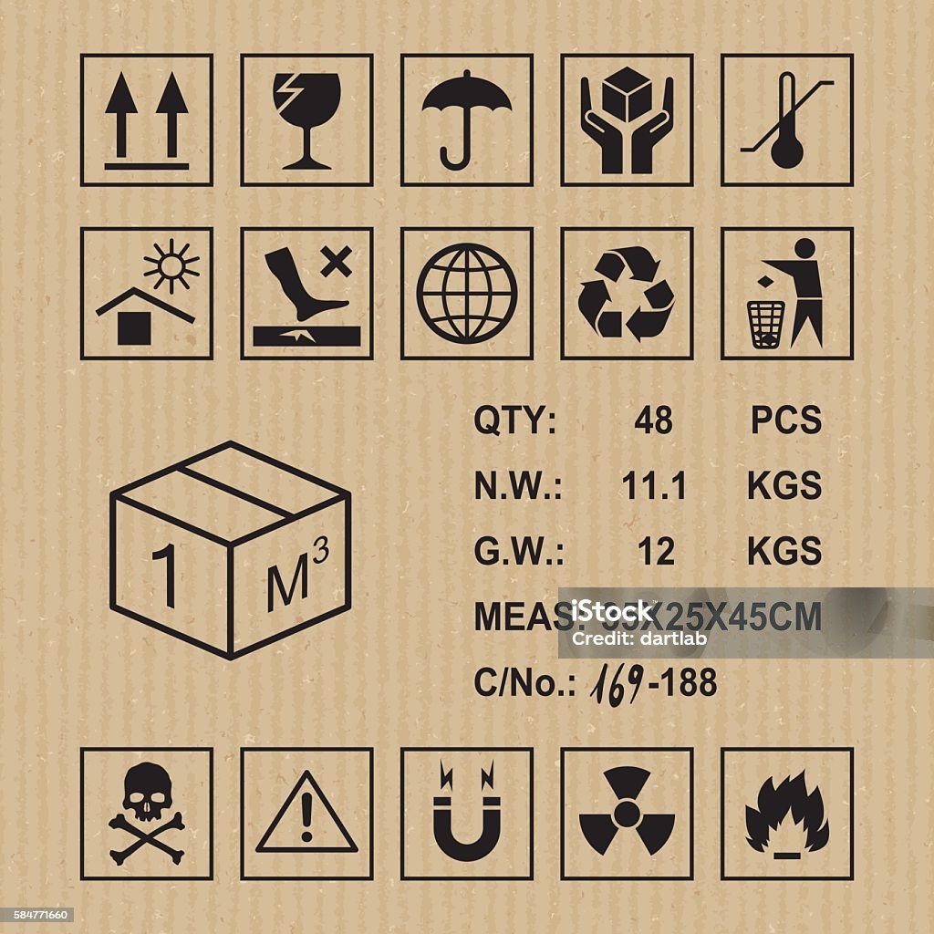 Cargo symbols on cardboard texture Handling, packing and caution signs Label stock vector