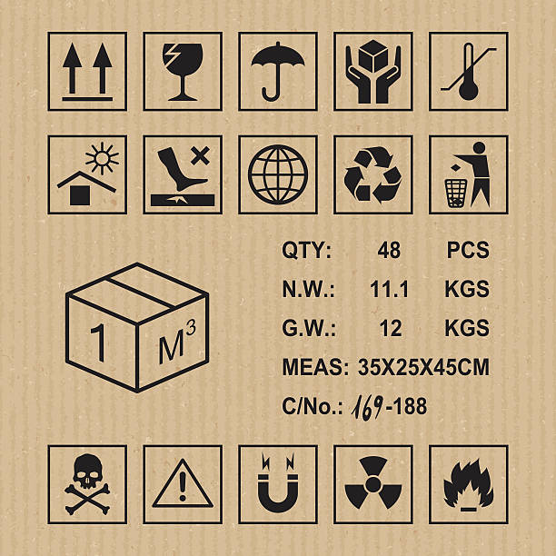 Cargo symbols on cardboard texture Handling, packing and caution signs fragile stock illustrations