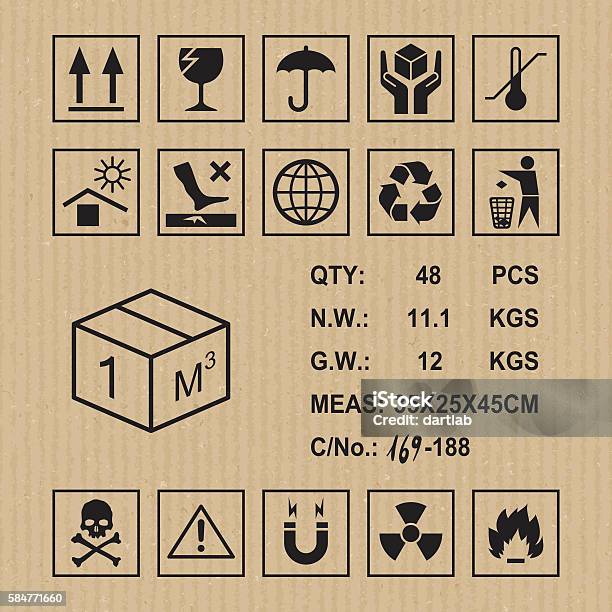 Cargo Symbols On Cardboard Texture Stock Illustration - Download Image Now - Label, Freight Transportation, Shipping