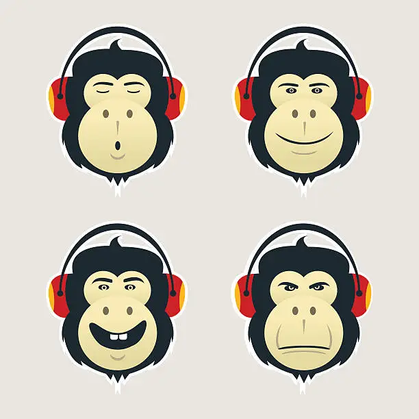 Vector illustration of Set of monkey heads with headphones.