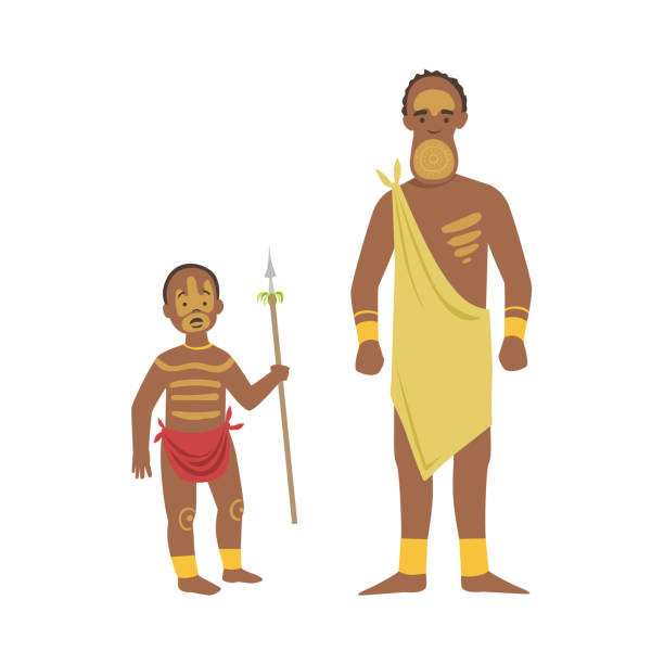 Man And Boy From African Native Tribe Man And Boy From African Native Tribe Simplified Cartoon Style Flat Vector Illustration Isolated On White Background loin cloth stock illustrations