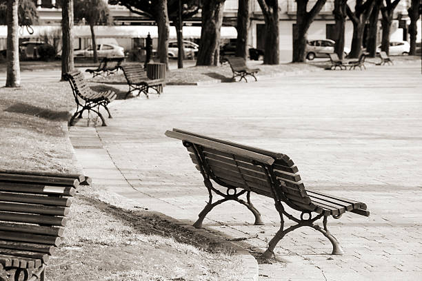 istock Benches in town park promenade 584776306