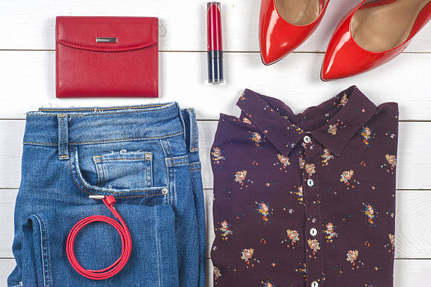 istock Women clothing set and accessories on light  background. 584777444