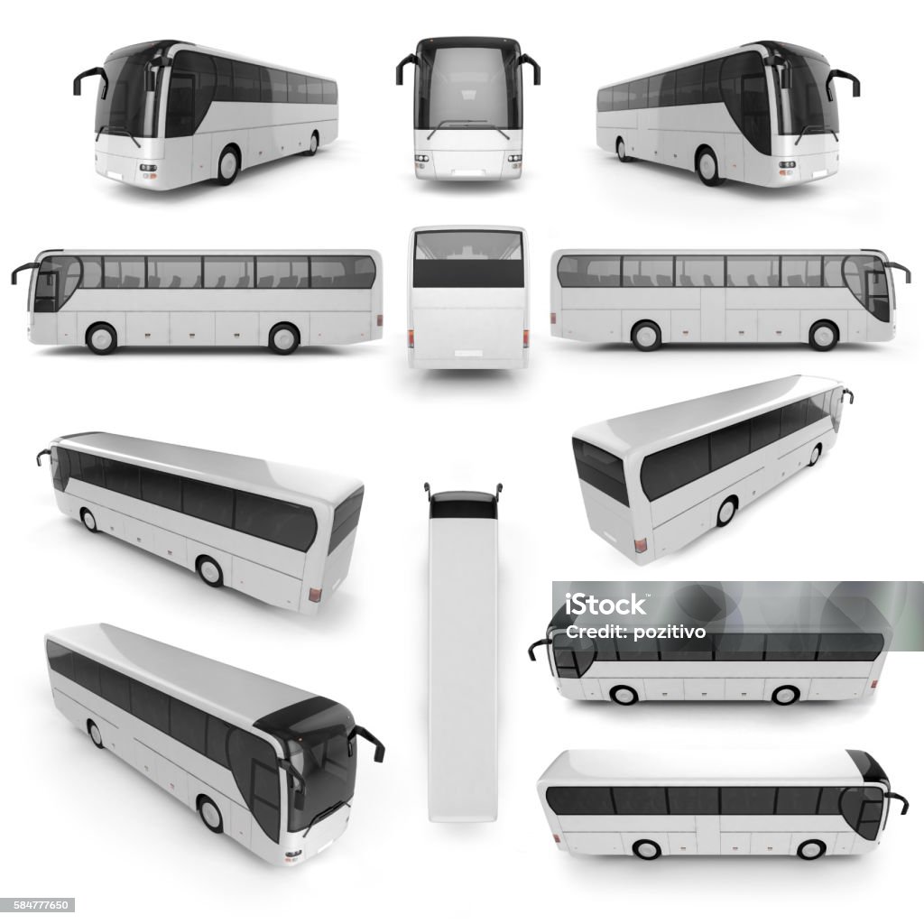 12 perspective view of City bus 12 perspective view of City bus with blank surface for your creative design. 3D illustration. Bus Stock Photo