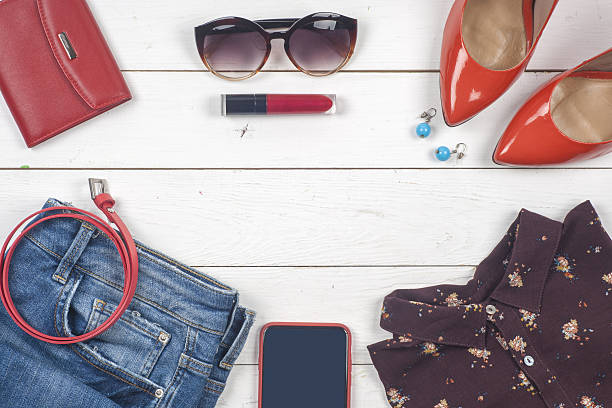 istock Women clothing set and accessories on light  background. 584777738