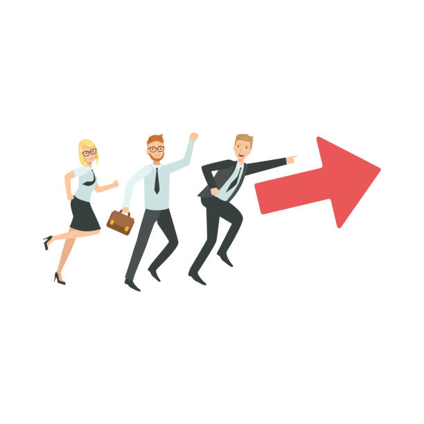 Managers Running In Pointed Direction Teamwork Illustration Managers Running In Pointed Direction Teamwork Simple Cartoon Style Illustration. Office Employees Working Together Cute Flat Vector Drawing. priority baggage tag stock illustrations