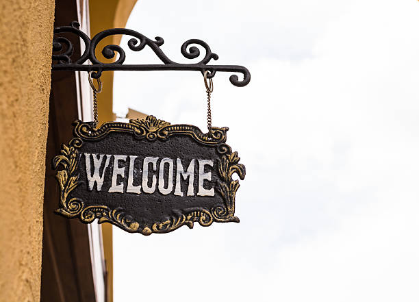 istock Welcome wooden sign board 584783080