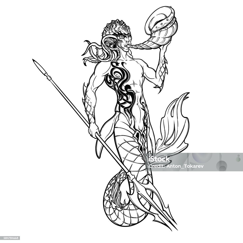 Ocean Merman Merman Sketch Isolated On White Background Stock Illustration ...