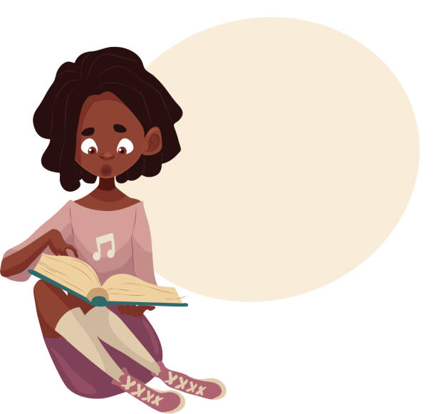 istock Little African American girl sitting and reading a book 584785036