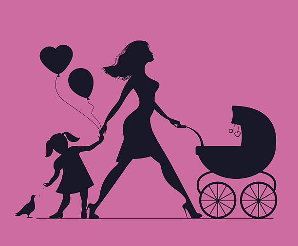Mom with daughter and baby in baby carriage Mom with daughter and baby in baby carriage. Little girl feeds birds. Mother of many children. Beautiful fashionable mother. Vector silhouette pigeon family stock illustrations