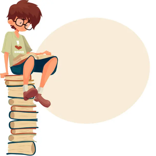 Vector illustration of Boy in glasses sitting on pile of books and reading