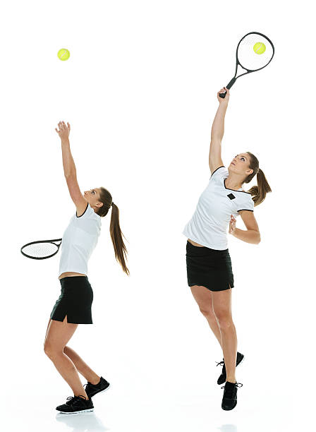 tennis-spieler mit - arms outstretched arms raised studio shot adult stock-fotos und bilder
