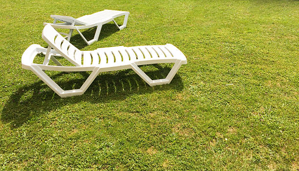 istock White loungers green grass lawn 584788284