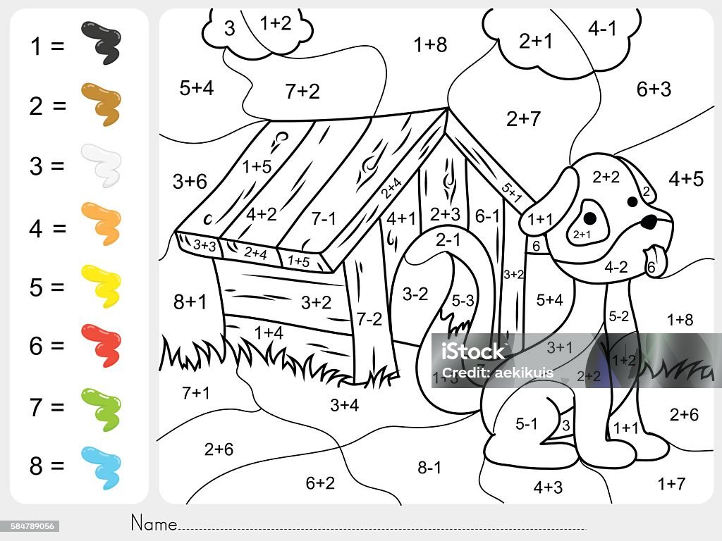 Paint color by addition and subtraction numbers Paint color by addition and subtraction numbers - Worksheet for education Child stock vector