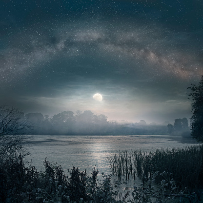 Night picture of Milky Way and rising Moon over the lake