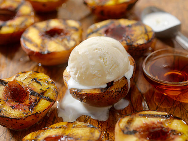 Grilled Peaches with Vanilla Ice Cream and Maple Syrup