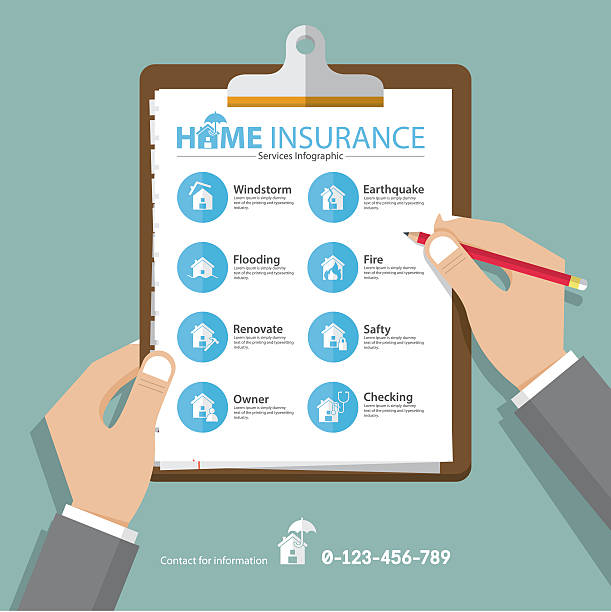 Home  infographics in flat design. Real estate insurance icons. Vector Infographics of home or real estate insurance report  in flat design. Hand holding clipboard. Vector Illustration flooded home stock illustrations