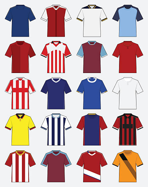 illustrazioni stock, clip art, cartoni animati e icone di tendenza di set di maglia da calcio, kit da calcio. abbigliamento da calcio beffardo. vettore - lega di calcio