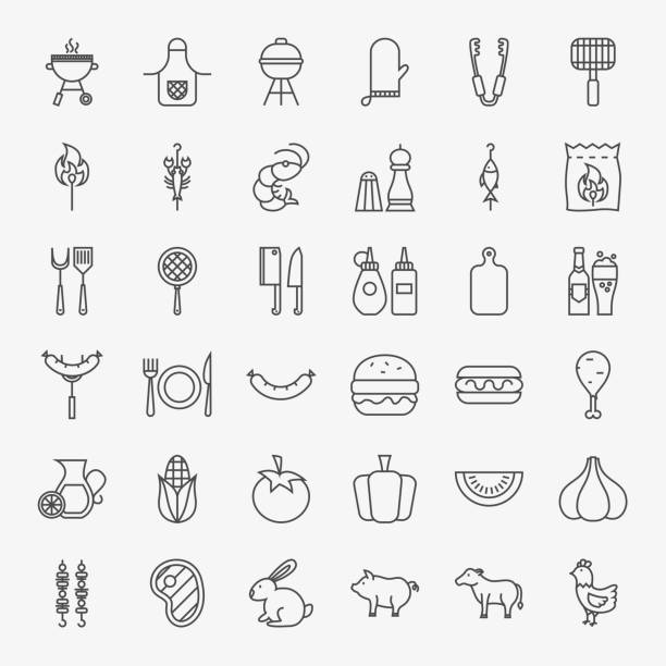 ilustraciones, imágenes clip art, dibujos animados e iconos de stock de iconos de línea de barbacoa big set - spit roasted