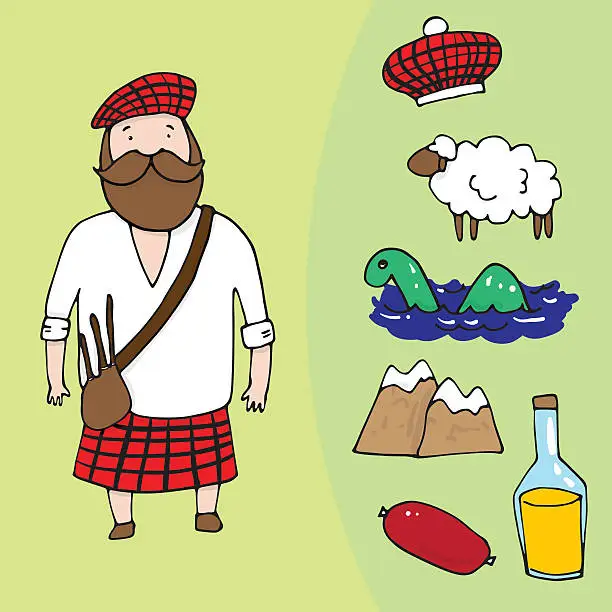 Vector illustration of Scottish man and a set of different scottish elements