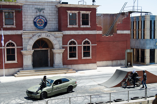 Madrid, Spain - July 30, 2015: The Police Academy Stunt Show was a slapstick comedy stunt show located at the Australian Warner Bros. Movie World (1991–2008), Warner Bros. Movie World Germany (1996–2004) and Warner Bros. Movie World Madrid (2002–today).