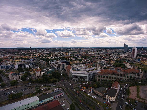 istock Leipzig, Panorama aerial view town city clouds 584849810