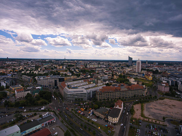 istock Leipzig, Panorama aerial view town city clouds 584850108